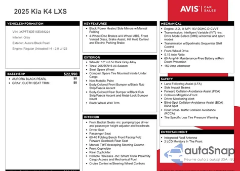 2025 Kia K4 Lx from USA, damaged, VIN 3KPFT4DE1SE058224